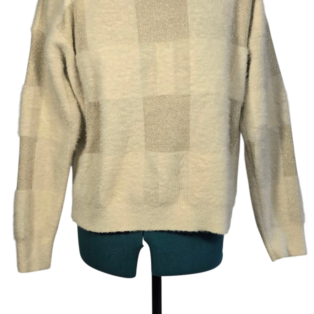 FRNCH Checker Fuzzy Knit Crewneck Sweater Neutral Tan Cream Size Small EUC